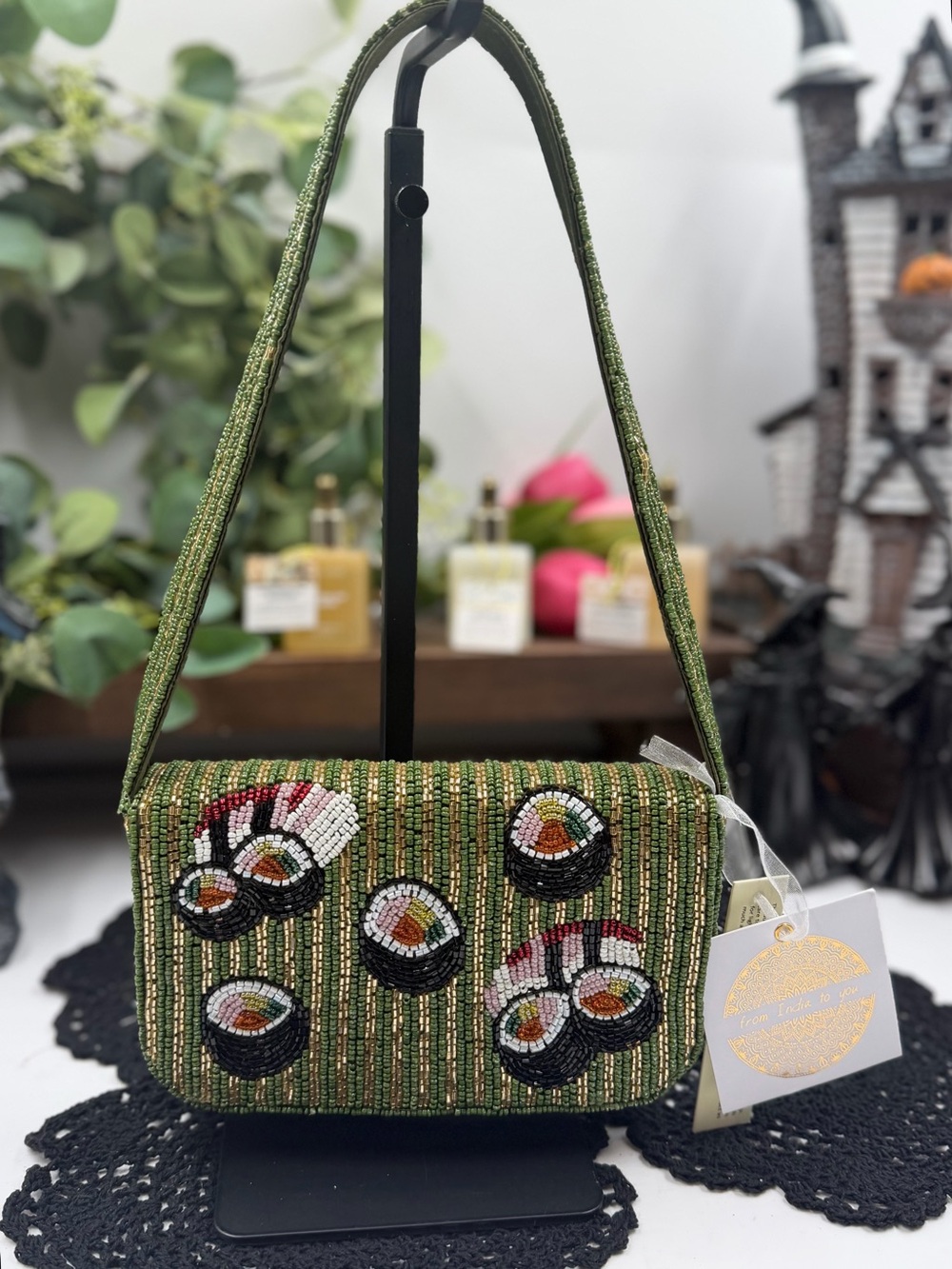 viral sushi roll beaded shoulder bag green hand beaded purse